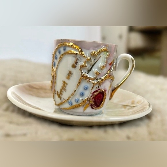 Vintage Other - Vintage German Porcelain Demitasse Cup & Saucer Raised Enamel Gold Gilt Antique
